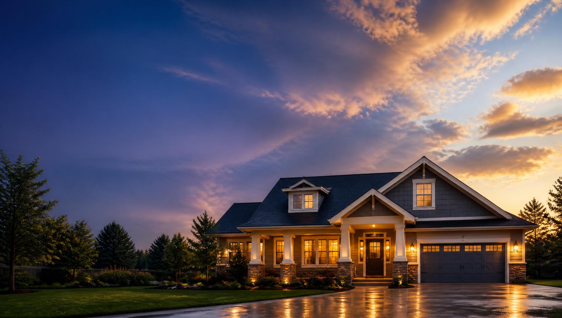 A well-kept home glowing warmly as storm clouds break to reveal golden light