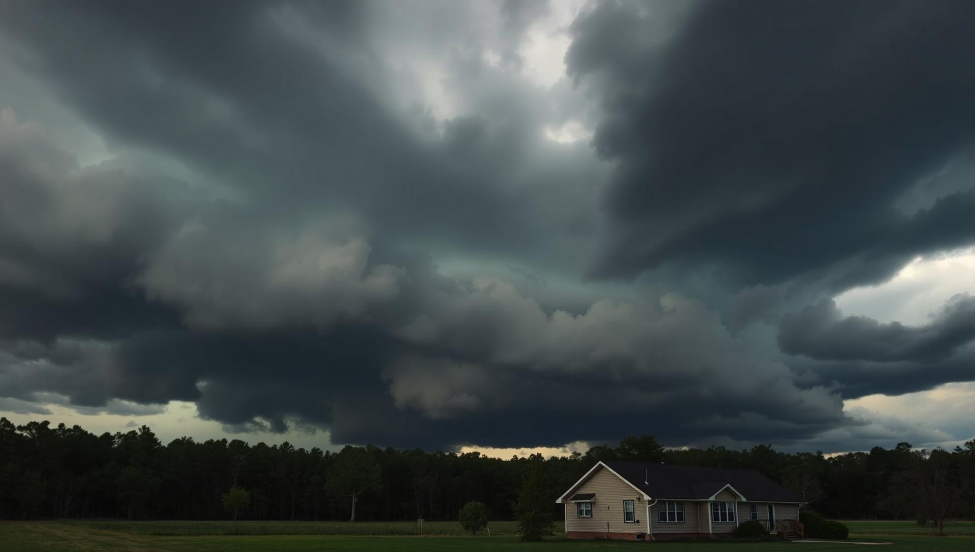 Dark Dixie Alley tornado-threat sky over rural Alabama landscape with an intact home in cinematic pre-storm light