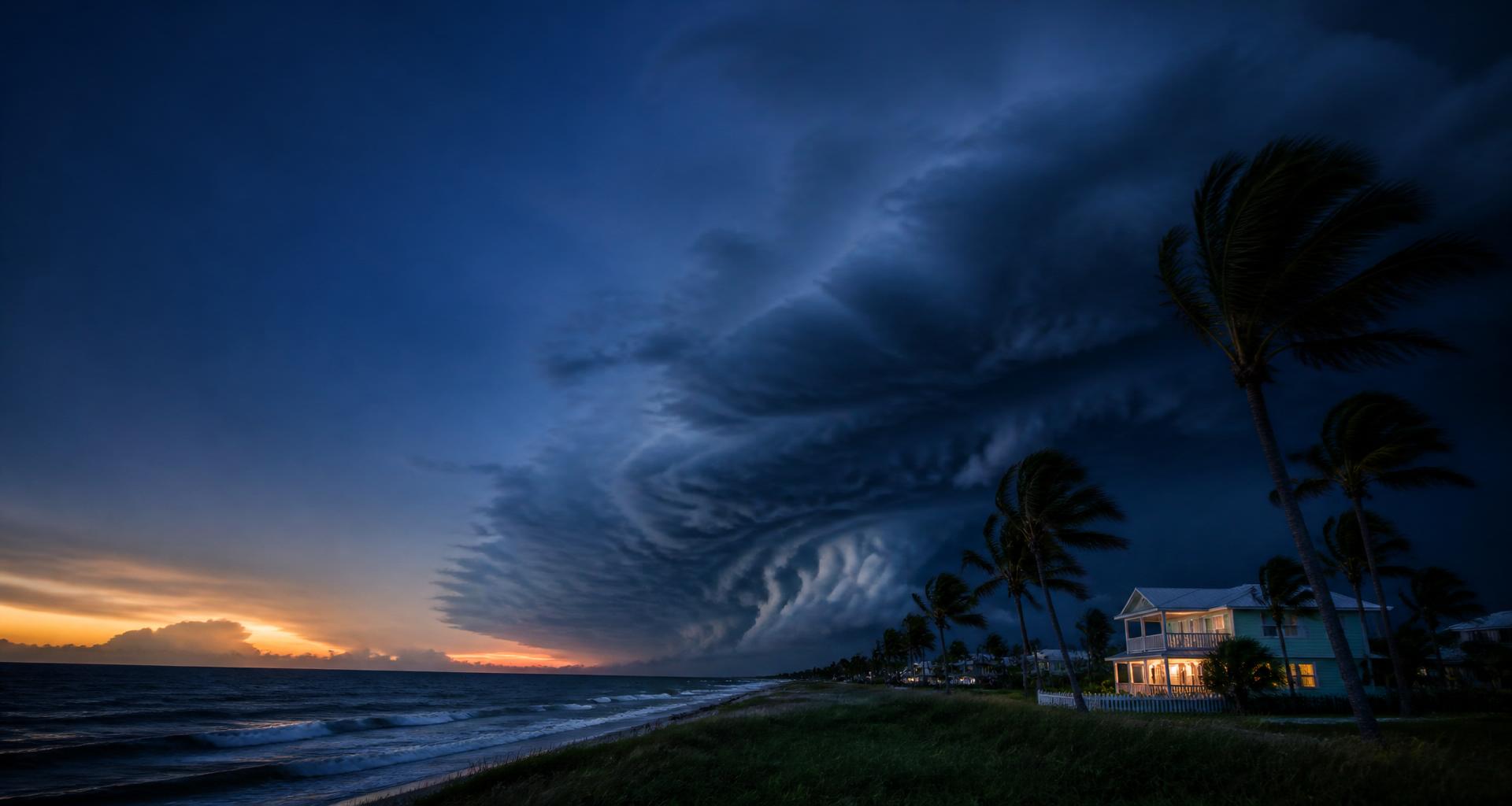 Approaching hurricane sky over a Florida coastal neighborhood