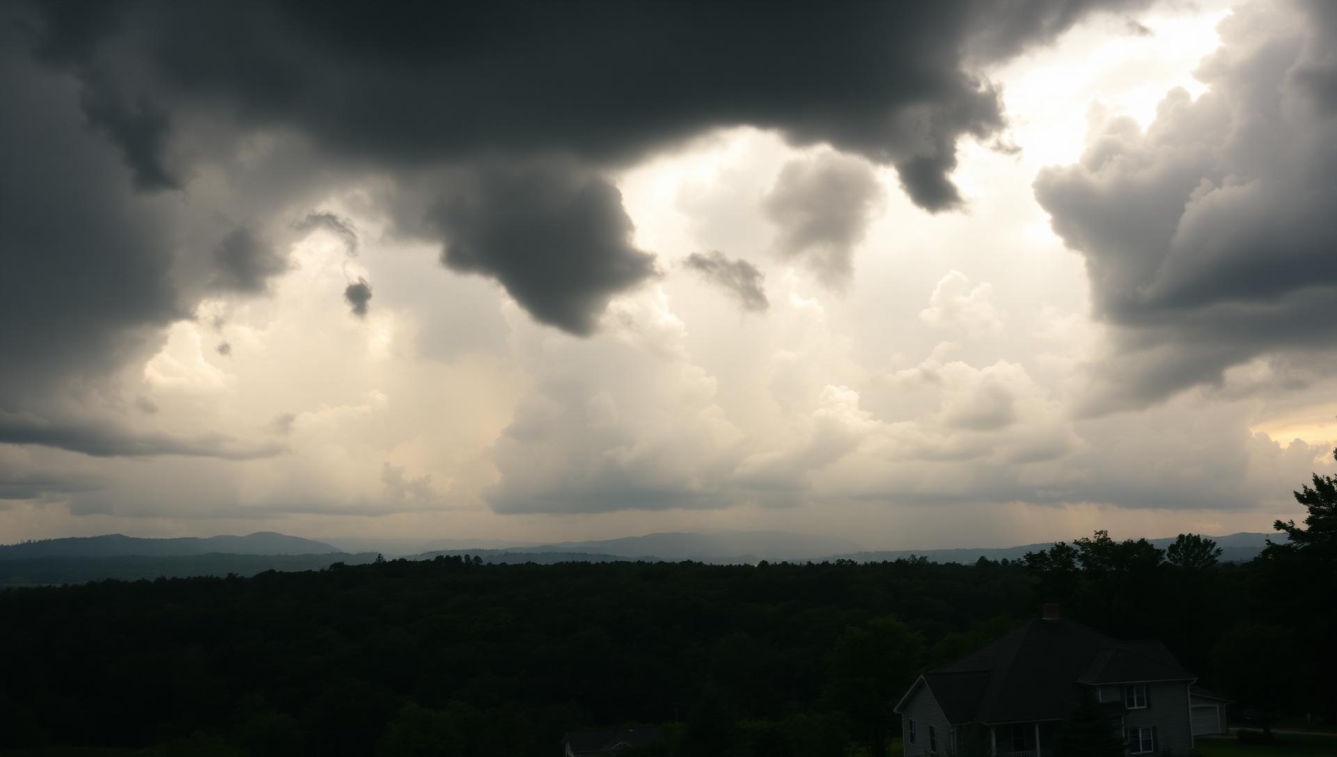 Hurricane and severe storm clouds over the North Carolina Piedmont with an intact home in dramatic pre-storm light