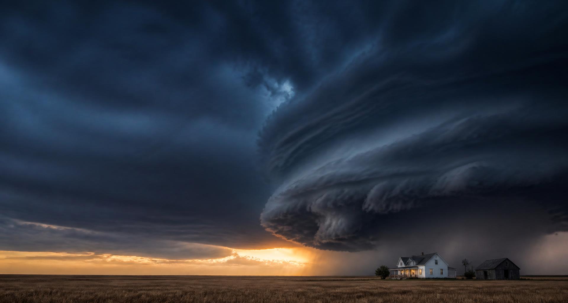 Classic Plains supercell with a dramatic wall cloud over open Oklahoma landscape and an intact farm home