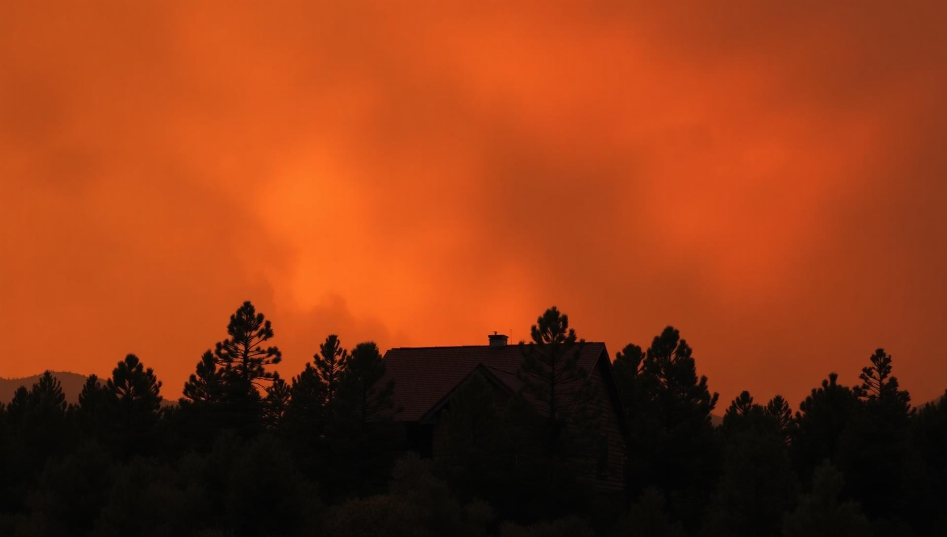 Wildfire smoke sky over a northern Arizona pine-country home with defensible space