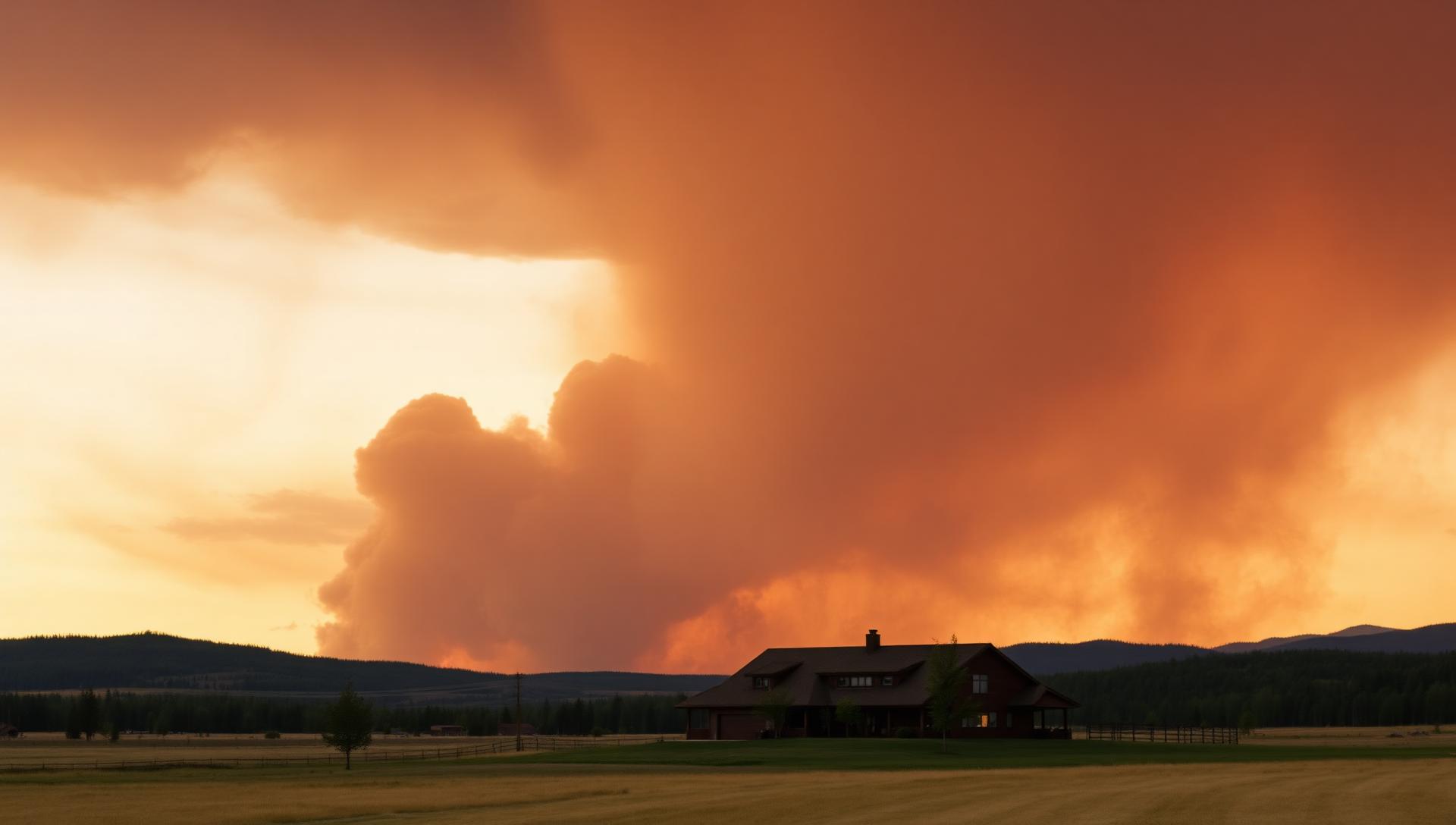 Wildfire smoke sky over a Montana forest and rangeland home with defensible space