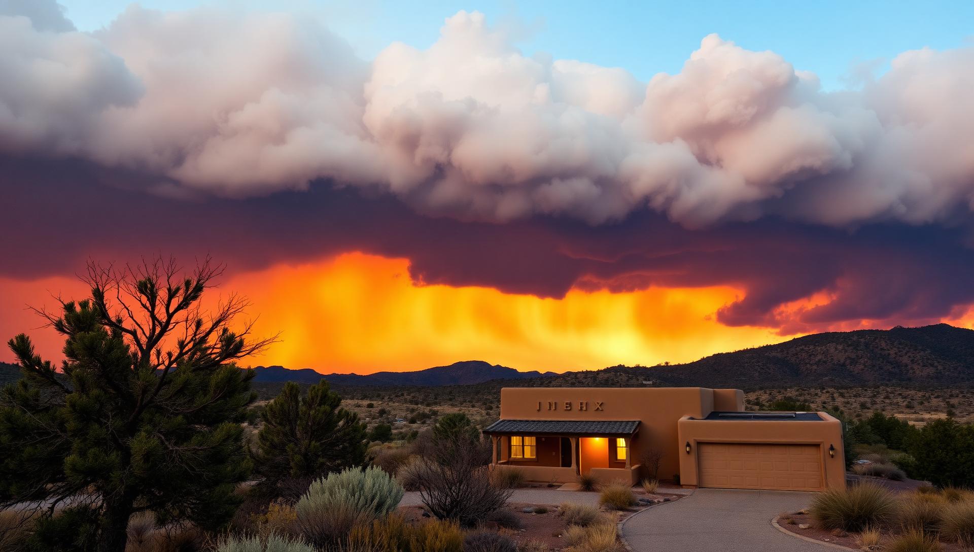Wildfire smoke sky over a northern New Mexico high-desert adobe home with defensible space