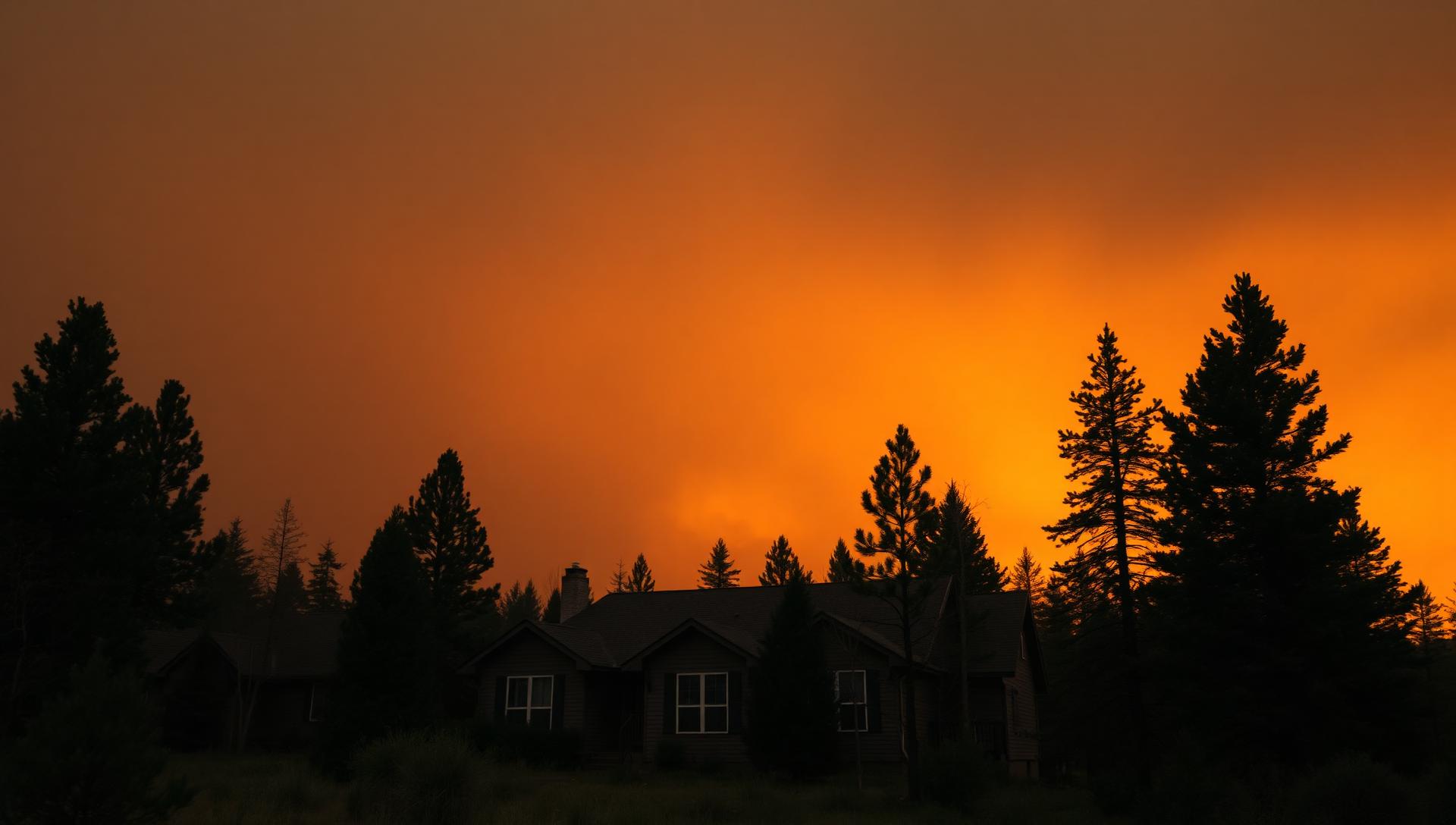 Wildfire smoke sky over a Central Oregon forest-edge home with defensible space