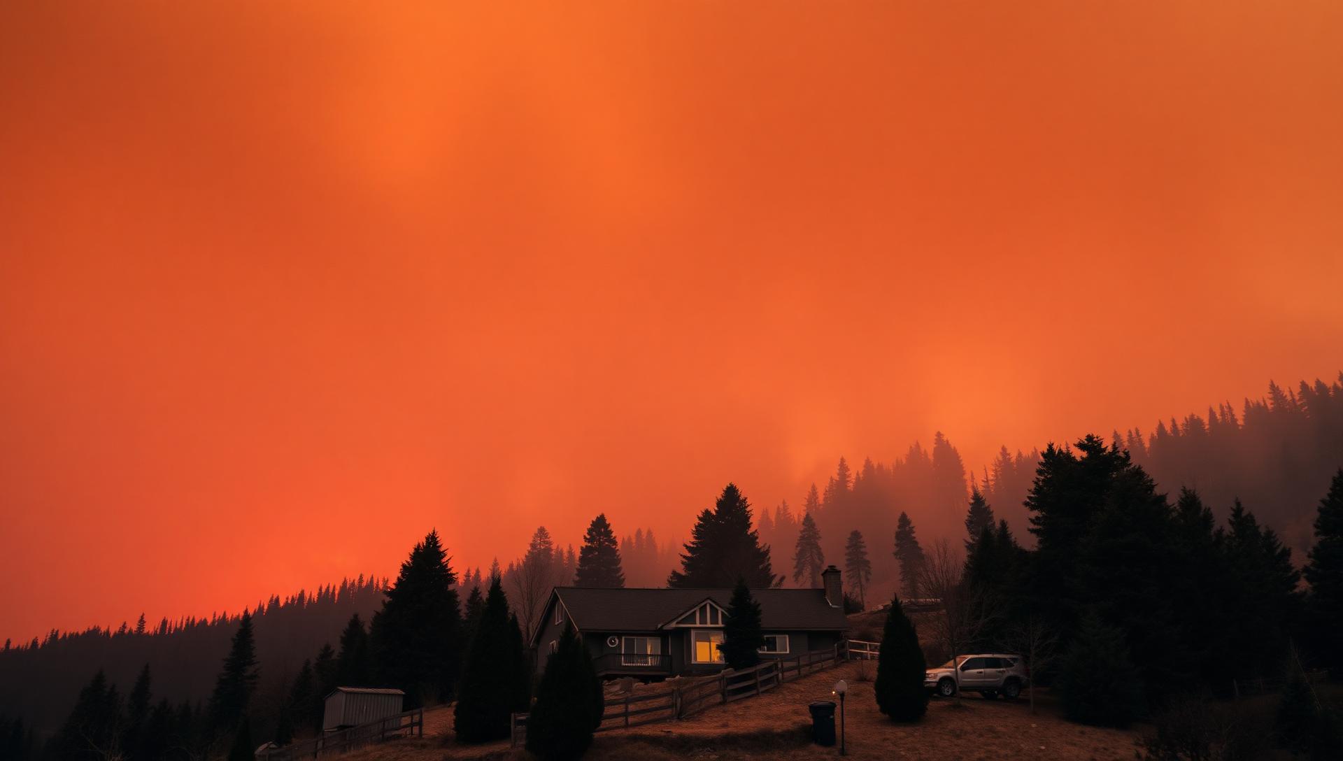 Wildfire smoke sky over an Eastern Washington or Cascade-foothills home with defensible space