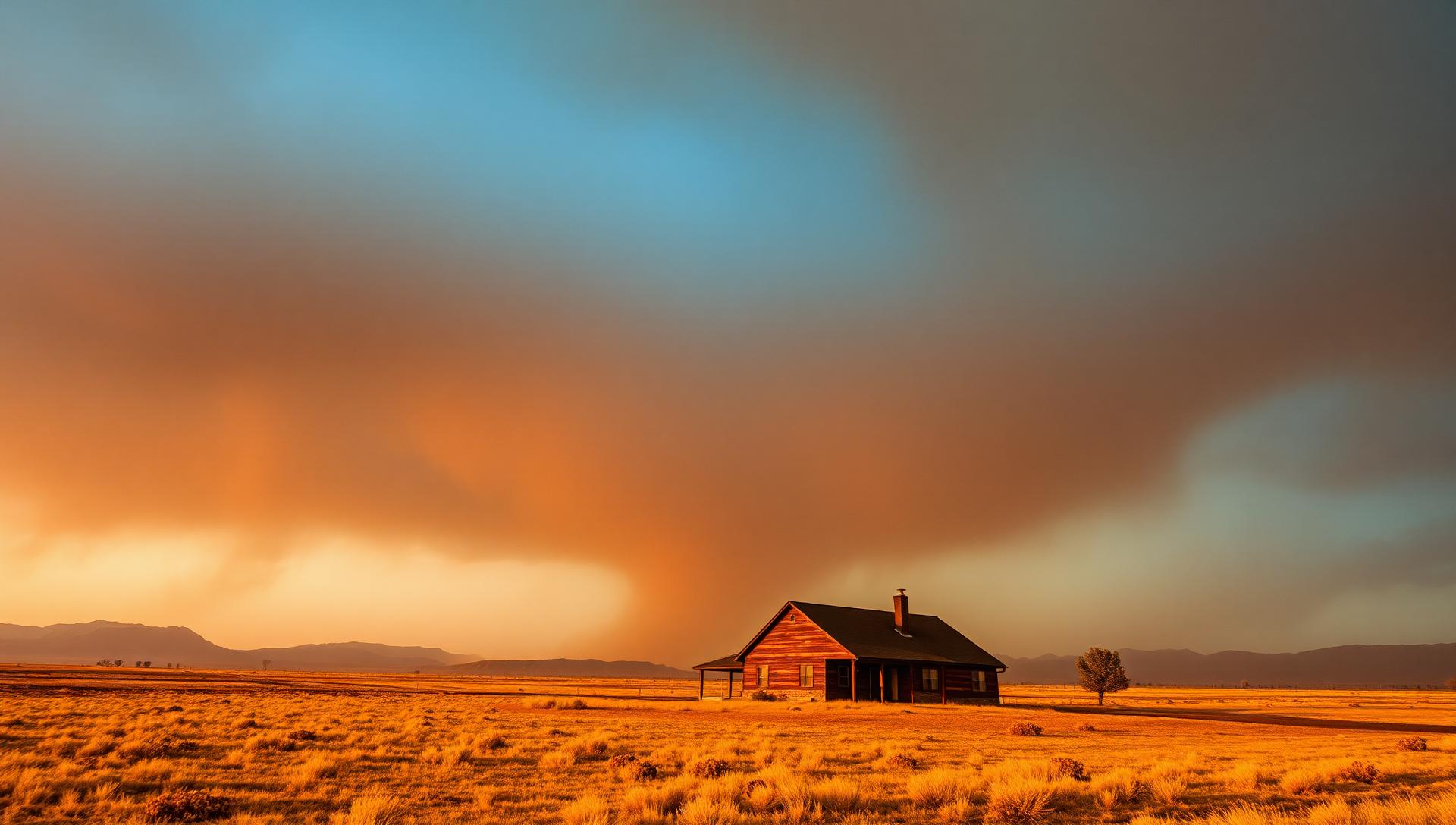 Wildfire smoke sky over a Wyoming rangeland home at the forest edge with defensible space