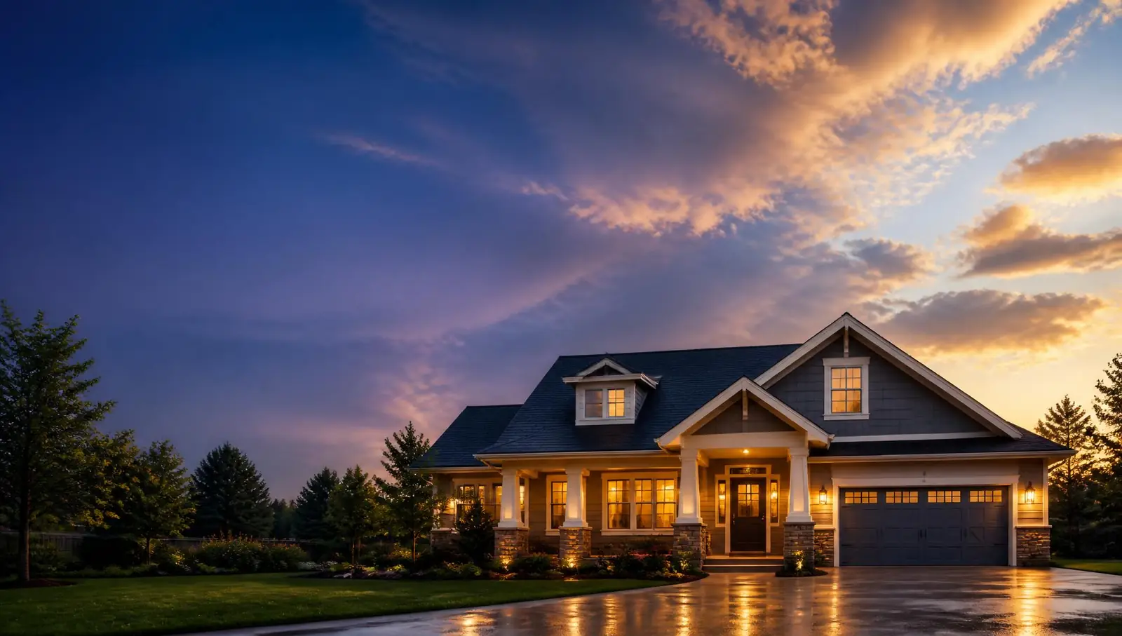 A well-kept home glowing warmly as storm clouds break to reveal golden light